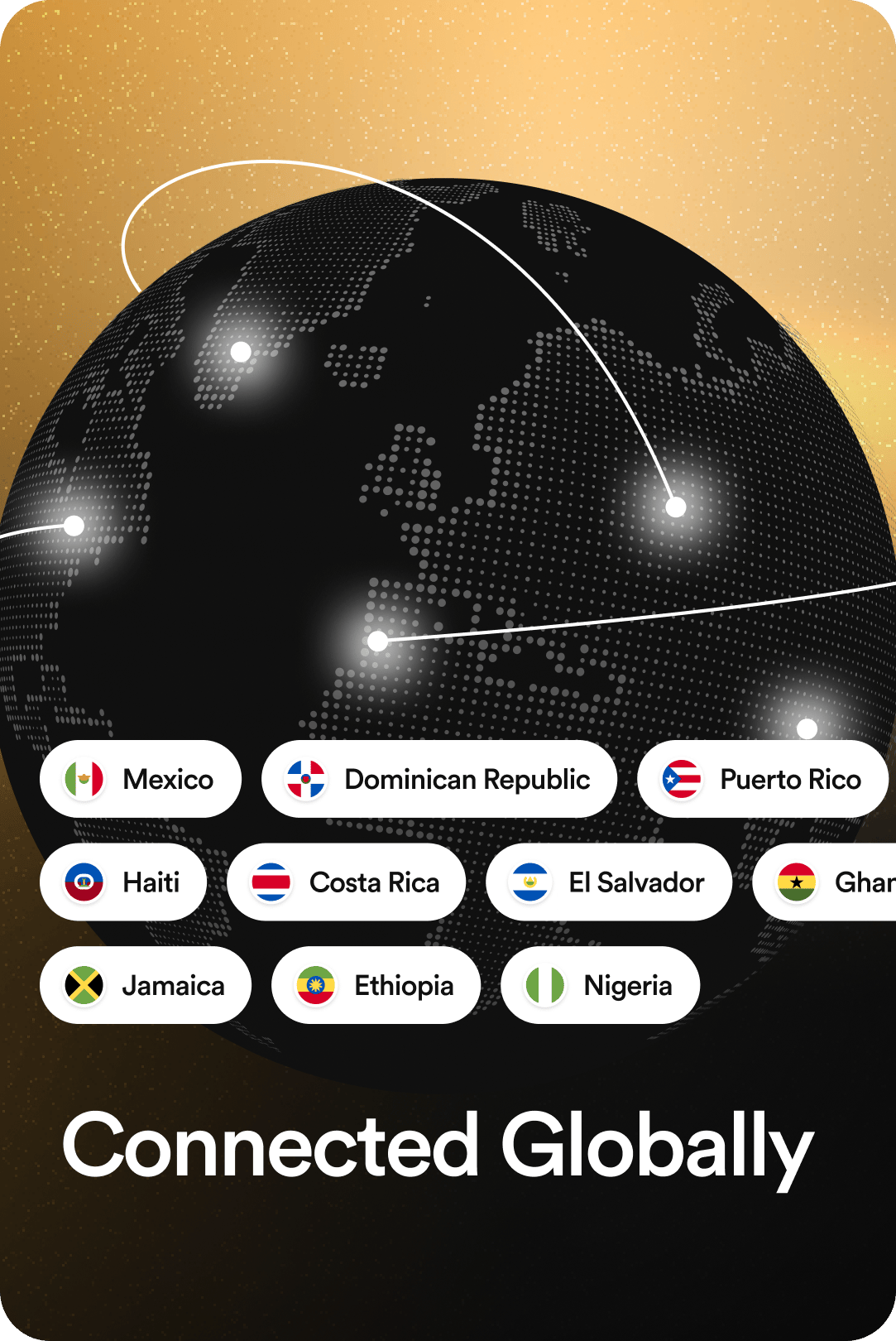 Connected Globally: a globe with top-up destinations such as Mexico, the Dominican Republic, Haiti, Costa Rica, Jamaica and Ethiopia.