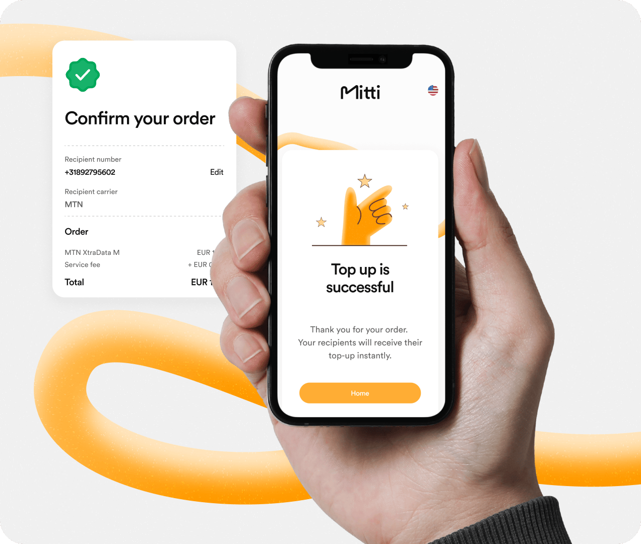 A hand holding a phone that reads “Top up is successful”, beside the order summary that was paid.