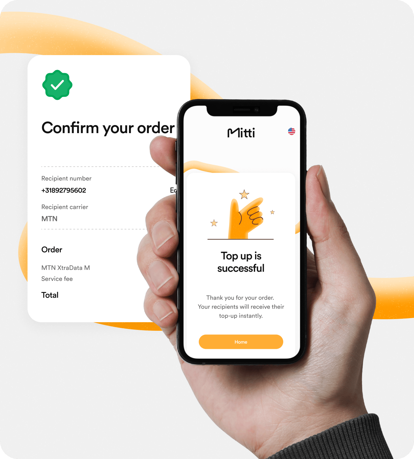A hand holding a phone that reads “Top up is successful”, beside the order summary that was paid.