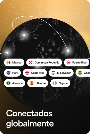 Connected Globally: a globe with top-up destinations such as Mexico, the Dominican Republic, Haiti, Costa Rica, Jamaica and Ethiopia.