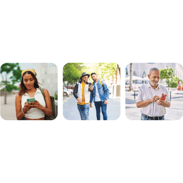 Trois photographies côte à côte : une jeune femme, deux amis et un homme âgé, chacun utilisant un téléphone dans la rue.