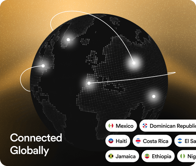 Connected Globally: a globe with top-up destinations such as Mexico, the Dominican Republic, Haiti, Costa Rica, Jamaica and Ethiopia.